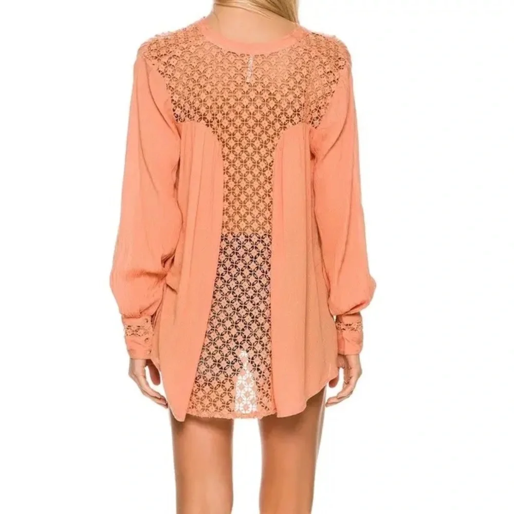 Free People Orange Button Down Crochet Back Gauze